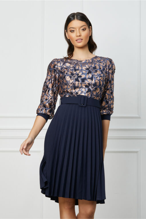 Black Friday Rochie Veronica bleumarin cu glitter auriu la bust si curea in talie