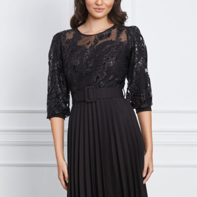 Black Friday 2022 Rochie Veronica neagra cu glitter auriu la bust si curea in talie