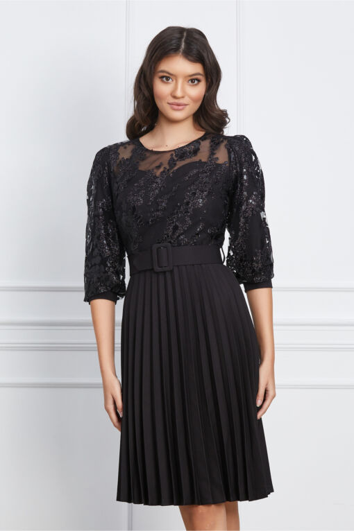 Black Friday 2022 Rochie Veronica neagra cu glitter auriu la bust si curea in talie