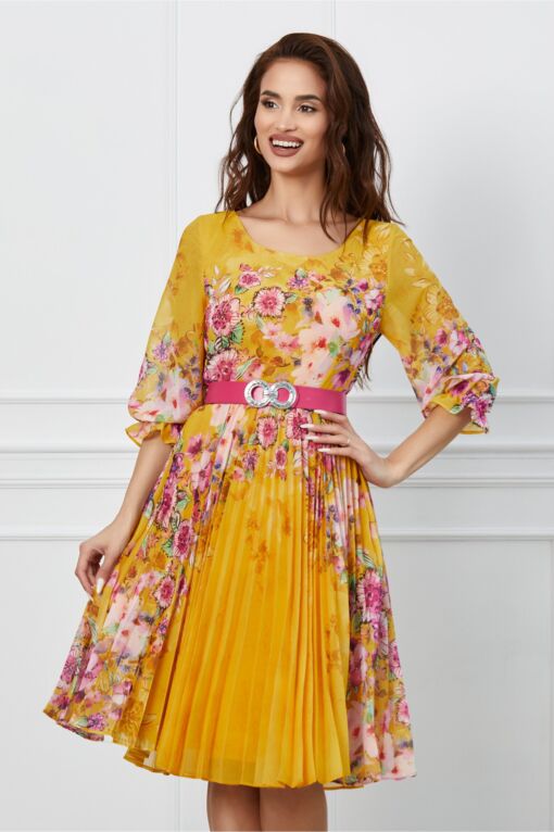 Black Friday 2022 Rochie Zina galbena cu imprimeu floral roz