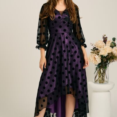 Black Friday Rochie asimetrica neagra in clos din tull cu dublura mov si buline catifelate