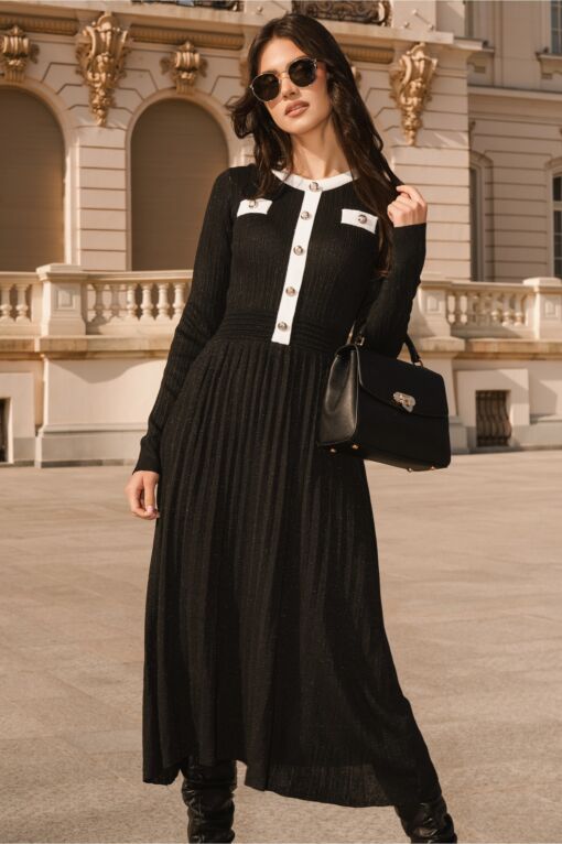 Black Friday Rochie casual din tricot neagra cu insertii din fir lurex si nasturi