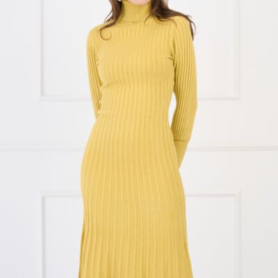 Black Friday Rochie casual din tricot reiat galbena cu guler