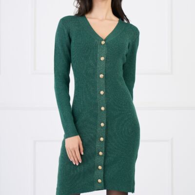 Black Friday Rochie casual din tricot reiat verde cu insertii din fir lurex si nasturi