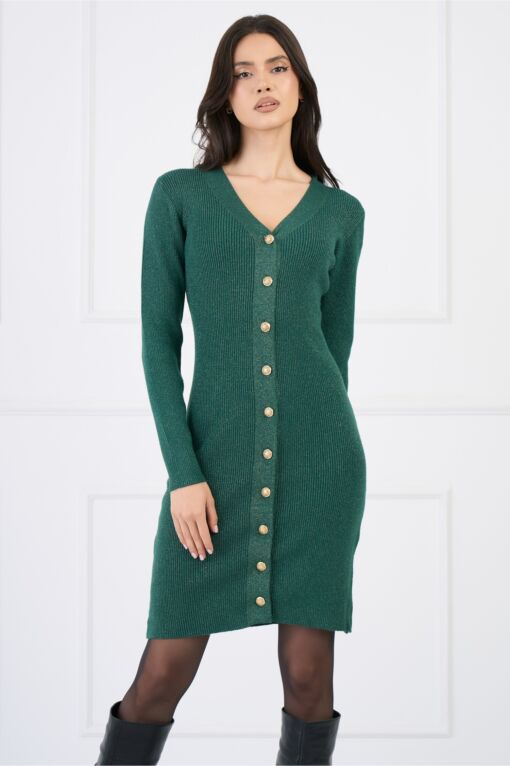 Black Friday Rochie casual din tricot reiat verde cu insertii din fir lurex si nasturi