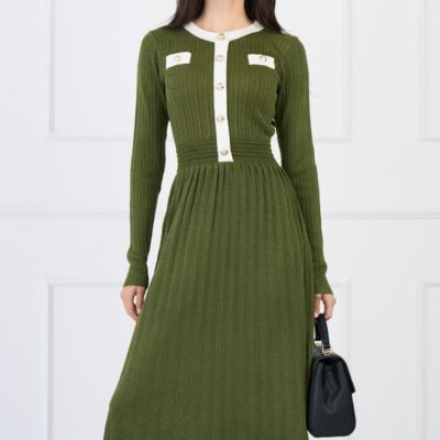 Black Friday Rochie casual din tricot verde cu insertii din fir lurex si nasturi