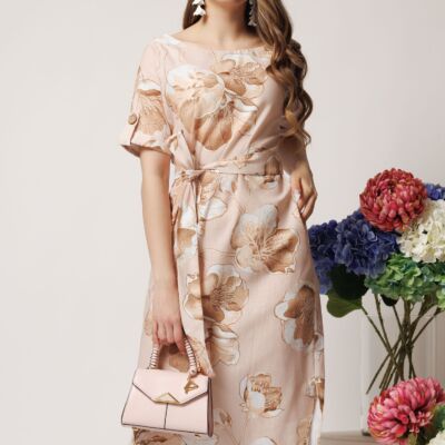 Black Friday Rochie de zi bej cu imprimeuri florale si cordon in talie