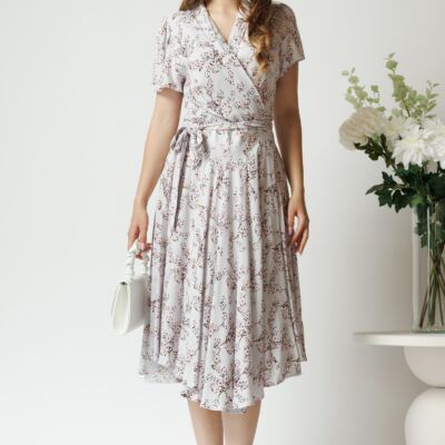 Black Friday Rochie de zi din viscoza gri cu imprimeu si cordon in talie