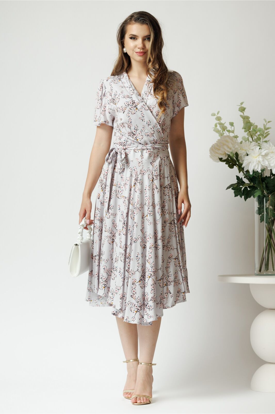 Black Friday Rochie de zi din viscoza gri cu imprimeu si cordon in talie