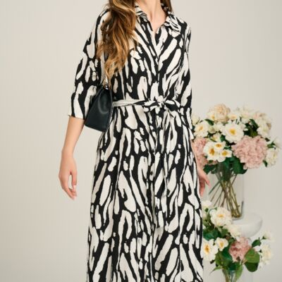 Black Friday Rochie de zi tip camasa din crep neagra cu imprimeu alb si cordon in talie