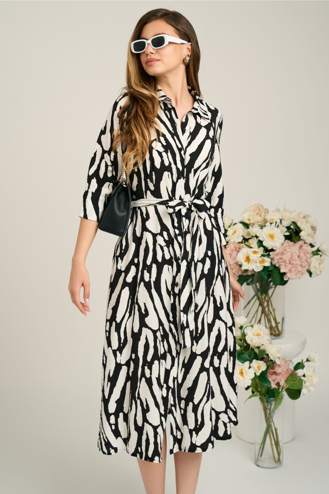 Black Friday Rochie de zi tip camasa din crep neagra cu imprimeu alb si cordon in talie