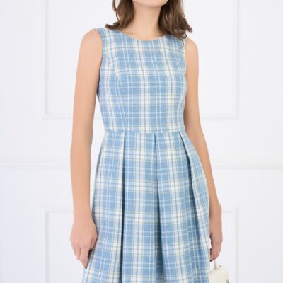 Black Friday Rochie din lana bleu cu carouri tip sarafan