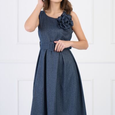 Black Friday 2022 Rochie din viscoza bleumarin cu floare si curea in talie