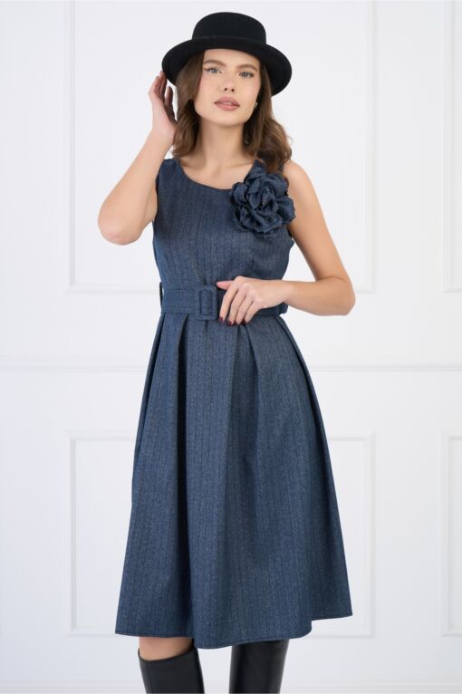 Black Friday 2022 Rochie din viscoza bleumarin cu floare si curea in talie