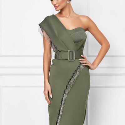 Black Friday 2022 Rochie kaki Jerema cu strasuri si curea in talie