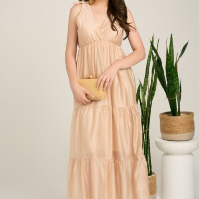 Black Friday Rochie lunga bej din tencel cu funde la umeri