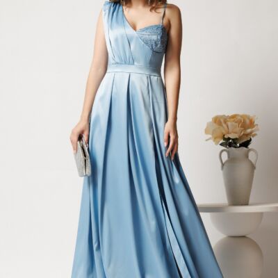 Black Friday Rochie lunga bleu din tafta in clos cu strasuri la bust- Moze