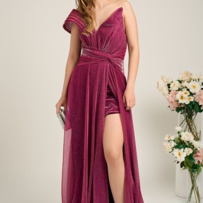 Black Friday Rochie lunga de ocazie din lurex magenta cu aplicatie lasata pe umar