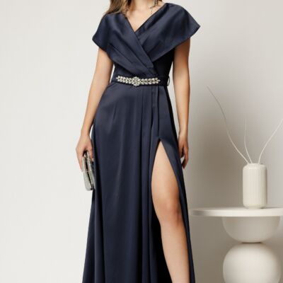 Black Friday Rochie lunga de seara din tafta bleumarin cu accesoriu pe talie