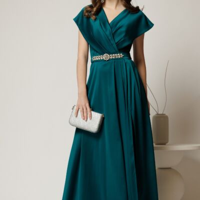 Black Friday Rochie lunga de seara din tafta verde cu accesoriu pe talie