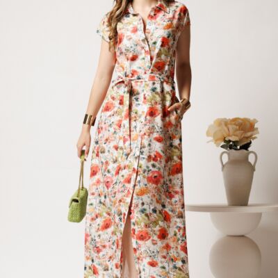 Black Friday Rochie lunga de zi ivory cu flori corai din in cu croi drept si cordon in talie