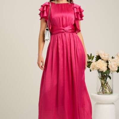 Black Friday Rochie lunga eleganta din voal fucsia cu volanase la maneci