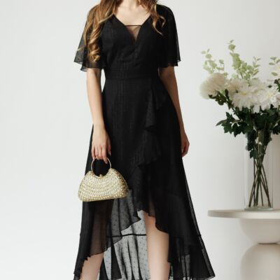 Black Friday Rochie lunga eleganta din voal neagra cu insertii din fir lurex