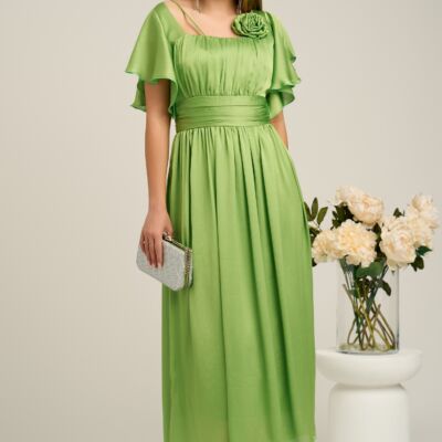 Black Friday Rochie lunga eleganta din voal verde cu floare la bust- Moze