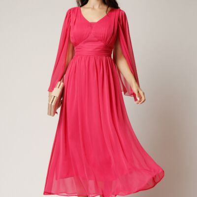 Black Friday Rochie lunga fucsia din voal creponat in clos cu maneci despicate