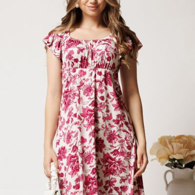 Black Friday Rochie midi alba din lycra cu imprimeuri fucsia