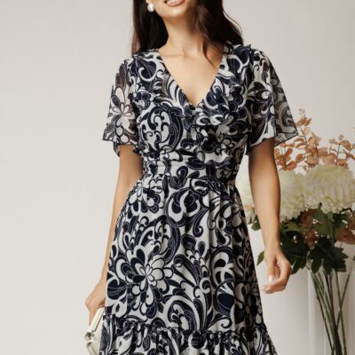 Black Friday Rochie midi alba din voal cu imprimeu bleumarin si volane