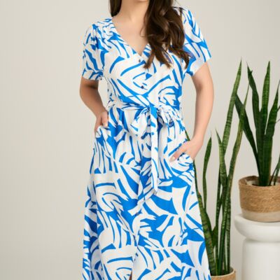 Black Friday Rochie midi albastra din bumbac cu imprimeuri albe si cordon in talie