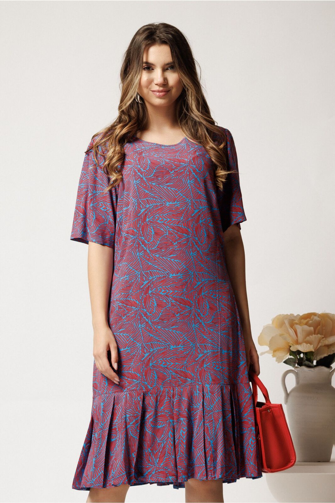 Black Friday Rochie midi albastra din viscoza cu croi drept si imprimeu corai