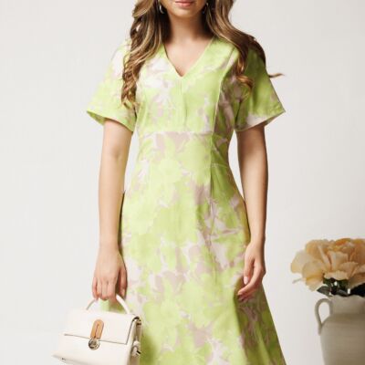 Black Friday Rochie midi bej cu imprimeu verde neon din viscoza in clini