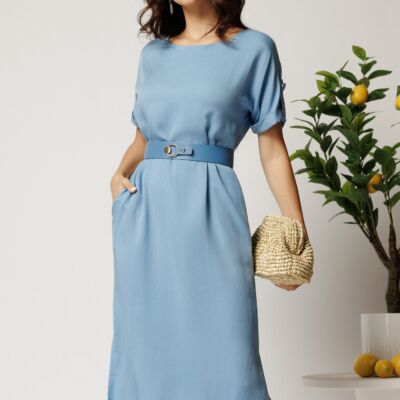 Black Friday Rochie midi bleu din tencel croi drept si curea in talie