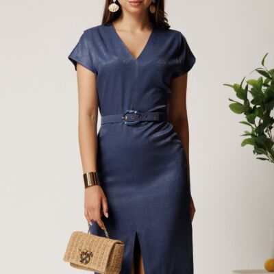 Black Friday Rochie midi bleumarin din viscoza cu aspect sidefat si curea in talie