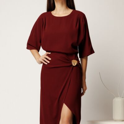 Black Friday Rochie midi bordo cambrata din triplu voal cu funda si accesoriu pe fusta