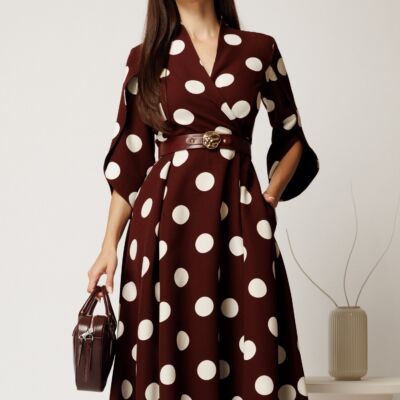 Black Friday Rochie midi bordo din stofa in clos cu buline mari si curea in talie