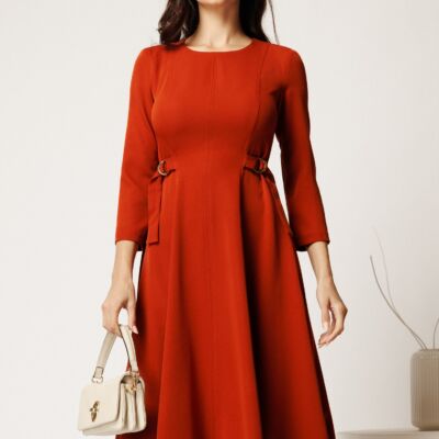 Black Friday Rochie midi caramizie din stofa in clos cu catarame in talie