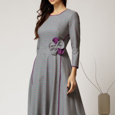 Black Friday Rochie midi din stofa carou verde si finisaje mov