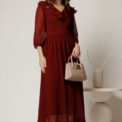 Black Friday Rochie midi din voal bordo cu buline si volanase la decolteu