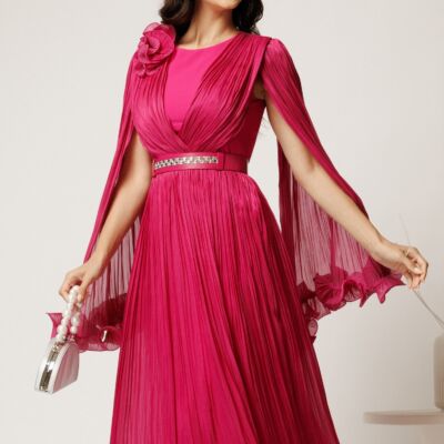 Black Friday Rochie midi fucsia din voal satinat in clos cu floare la bust si curea din strasuri in talie