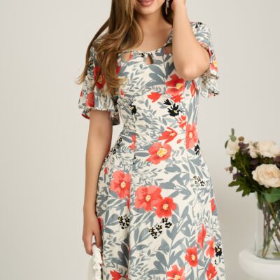 Black Friday Rochie midi ivory din viscoza in clin cu imprimeu gri-corai si decupaje la decolteu