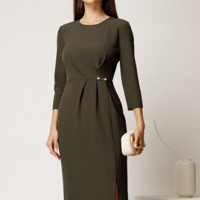 Black Friday Rochie midi kaki din stofa conica cu pense si accesoriu in talie