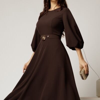 Black Friday Rochie midi maro din crep in clos cu maneci bufante si curea in talie