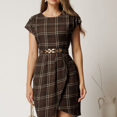 Black Friday Rochie midi maro din jerse cu carouri si curea in talie