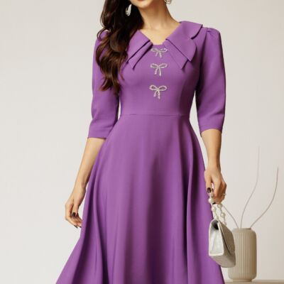 Black Friday Rochie midi mov cu guler dublu si funde argintii