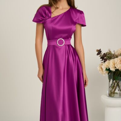 Black Friday Rochie midi mov din tafta subtire in clos cu cordon in talie- LaDonna