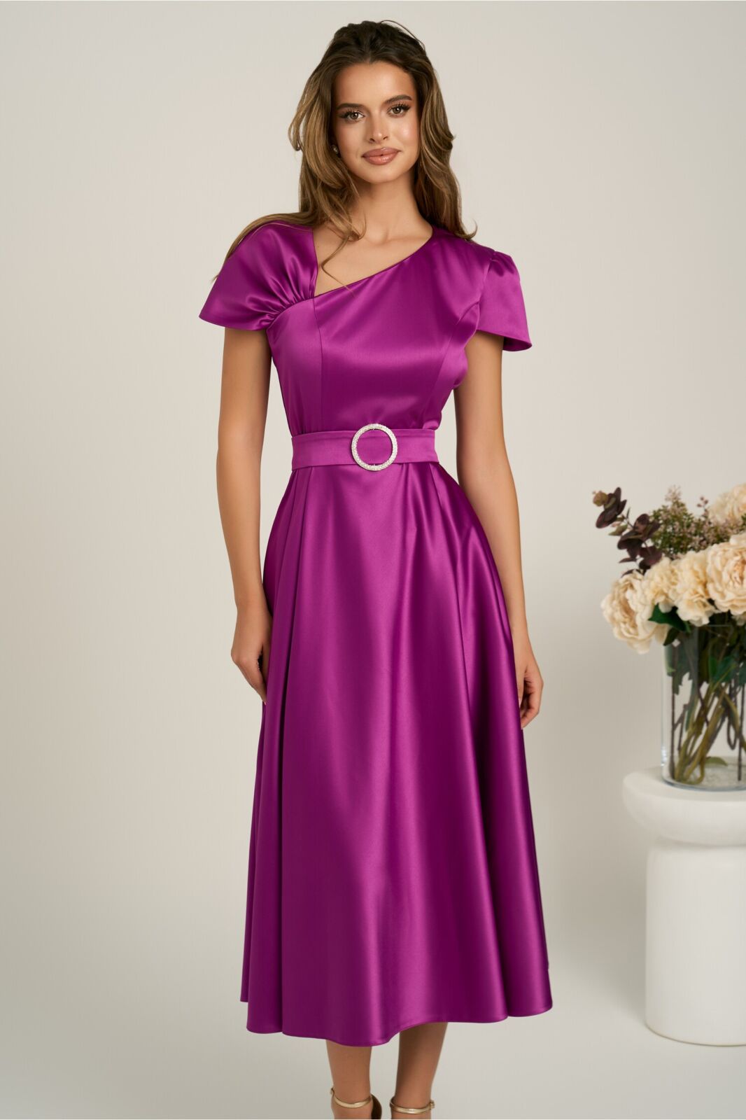 Black Friday Rochie midi mov din tafta subtire in clos cu cordon in talie- LaDonna