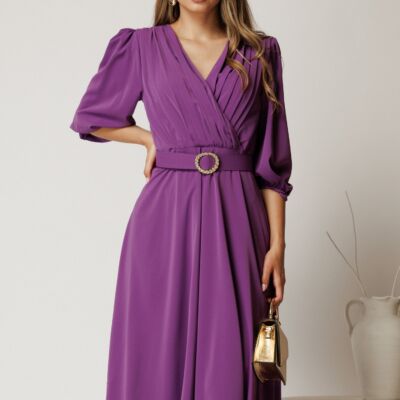 Black Friday Rochie midi mov din triplu voal cu pliuri la bust si curea in talie